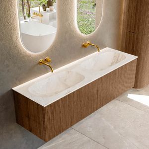 Mondiaz kurve-dlux 150 cm onderkast greeploos 2 lades zonder deuren walnut, wastafel solid surface dubbel frappe 0 kraangaten zonder spiegel