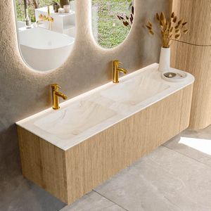 Mondiaz kurve-dlux 145 cm onderkast greeploos 1 lade met deuren oak, wastafel solid surface links ostra 2 kraangaten zonder spiegel