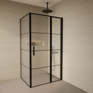 Douchecabine bws creton 90x140x200 cm draaideur incl zijwand 8 mm glas mat zwart raster