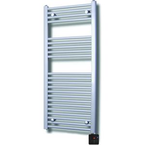 Elektrische design radiator sanicare plug & play 111,8x45 cm zilvergrijs 596 watt met zwarte thermostaat en bluetooth links