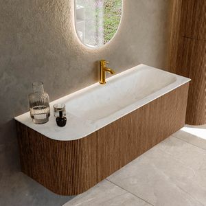 Mondiaz kurve-dlux 125 cm onderkast greeploos 1 lade met deuren walnut, wastafel solid surface rechts opalo 1 kraangat zonder spiegel