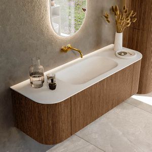 Mondiaz kurve 140 cm onderkast greeploos 1 lade met deuren walnut, wastafel solid surface midden talc 0 kraangaten zonder spiegel