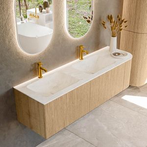 Mondiaz kurve-dlux 155 cm onderkast greeploos 2 lades met deuren oak, wastafel solid surface links opalo 2 kraangaten zonder spiegel