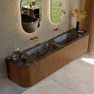 Mondiaz kurve-dlux 190 cm onderkast greeploos 2 lades met deuren walnut, wastafel solid surface dubbel lava 0 kraangaten zonder spiegel