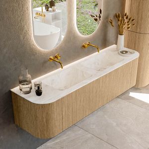 Mondiaz kurve-dlux 170 cm onderkast greeploos 1 lade met deuren oak, wastafel solid surface dubbel frappe 0 kraangaten zonder spiegel