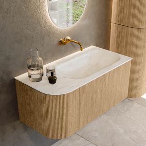Mondiaz kurve-dlux 95 cm onderkast greeploos 1 lade met deuren oak, wastafel solid surface rechts ostra 0 kraangaten zonder spiegel