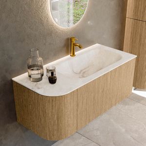 Mondiaz kurve-dlux 105 cm onderkast greeploos 1 lade met deuren oak, wastafel solid surface rechts frappe 1 kraangat zonder spiegel