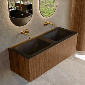 Mondiaz kurve 120 cm onderkast greeploos 1 lade zonder deuren walnut, wastafel solid surface dubbel urban 0 kraangaten zonder spiegel