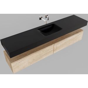 Badkamermeubel bws ibiza 200 cm washed oak twee soft-close lades solid surface wastafel mat zwart