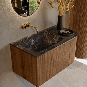 Mondiaz kurve-dlux 85 cm onderkast greeploos 1 lade met deuren walnut, wastafel solid surface links lava 0 kraangaten zonder spiegel