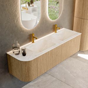 Mondiaz kurve-dlux 155 cm onderkast greeploos 2 lades met deuren oak, wastafel solid surface rechts ostra 2 kraangaten zonder spiegel