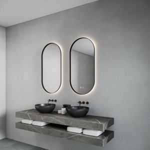Spiegel gliss design aura 40x100 cm mat zwart ovaal met led verlichting & geïntegreerde spiegelverwarming