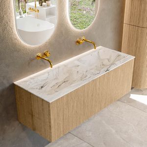 Mondiaz kurve-dlux 120 cm onderkast greeploos 1 lade zonder deuren oak, wastafel solid surface dubbel glace 0 kraangaten zonder spiegel
