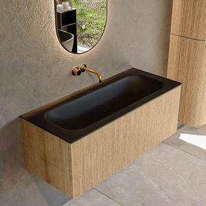 Mondiaz kurve 110 cm onderkast greeploos 1 lade zonder deuren oak, wastafel solid surface volledig urban 0 kraangaten zonder spiegel