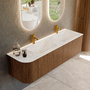 Mondiaz kurve-dlux 155 cm onderkast greeploos 2 lades met deuren walnut, wastafel solid surface rechts ostra 2 kraangaten zonder spiegel