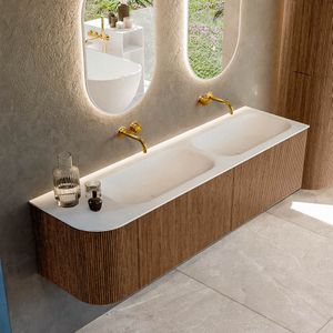 Mondiaz kurve 165 cm onderkast greeploos 2 lades met deuren walnut, wastafel solid surface rechts talc 0 kraangaten zonder spiegel