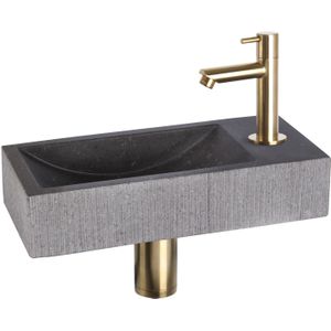 Fonteinset differnz ribble natuursteen 38x18x8 cm zwart met rechte kraan mat goud