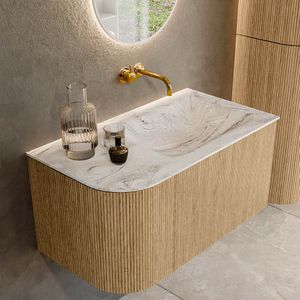 Mondiaz kurve-dlux 85 cm onderkast greeploos 1 lade met deuren oak, wastafel solid surface rechts glace 0 kraangaten zonder spiegel