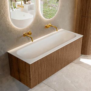 Mondiaz kurve 120 cm onderkast greeploos 1 lade zonder deuren walnut, wastafel solid surface volledig talc 0 kraangaten zonder spiegel