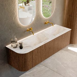Mondiaz kurve-dlux 155 cm onderkast greeploos 2 lades met deuren walnut, wastafel solid surface rechts frappe 0 kraangaten zonder spiegel