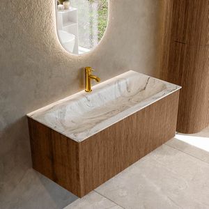 Mondiaz kurve-dlux 100 cm onderkast greeploos 1 lade zonder deuren walnut, wastafel solid surface volledig glace 1 kraangat zonder spiegel
