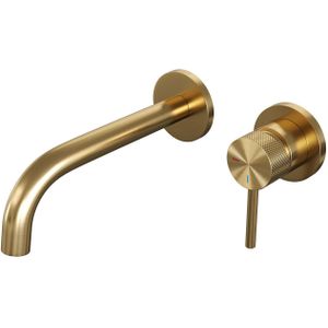 Inbouw wastafelmengkraan brauer gold carving coldstart gebogen uitloop ronde hendel rechts geborsteld goud pvd met rozetten