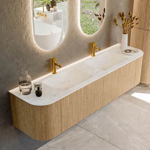 Mondiaz kurve-dlux 180 cm onderkast greeploos 2 lades met deuren oak, wastafel solid surface dubbel opalo 2 kraangaten zonder spiegel
