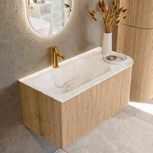 Mondiaz kurve-dlux 95 cm onderkast greeploos 1 lade met deuren oak, wastafel solid surface links frappe 1 kraangat zonder spiegel