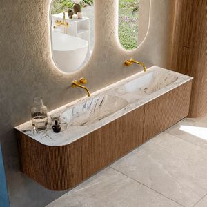 Mondiaz kurve-dlux 175 cm onderkast greeploos 2 lades met deuren walnut, wastafel solid surface rechts glace 0 kraangaten zonder spiegel
