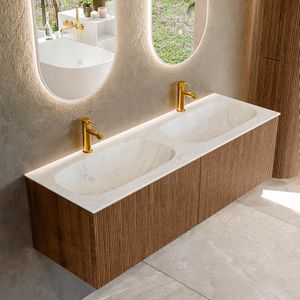 Mondiaz kurve-dlux 140 cm onderkast greeploos 2 lades zonder deuren walnut, wastafel solid surface dubbel opalo 2 kraangaten zonder spiegel