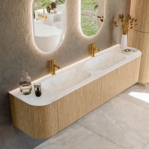 Mondiaz kurve-dlux 190 cm onderkast greeploos 2 lades met deuren oak, wastafel solid surface dubbel opalo 2 kraangaten zonder spiegel