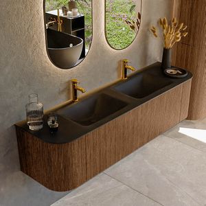 Mondiaz kurve 170 cm onderkast greeploos 1 lade met deuren walnut, wastafel solid surface dubbel urban 2 kraangaten zonder spiegel