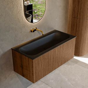 Mondiaz kurve 100 cm onderkast greeploos 1 lade zonder deuren walnut, wastafel solid surface volledig urban 0 kraangaten zonder spiegel