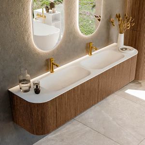 Mondiaz kurve 190 cm onderkast greeploos 2 lades met deuren walnut, wastafel solid surface dubbel talc 2 kraangaten zonder spiegel