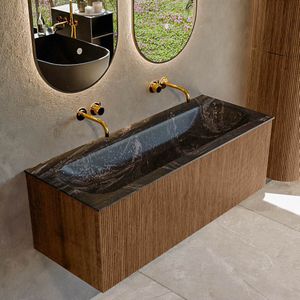Mondiaz kurve-dlux 120 cm onderkast greeploos 1 lade zonder deuren walnut, wastafel solid surface volledig lava 0 kraangaten zonder spiegel