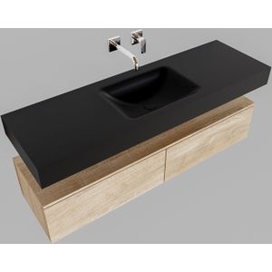 Badkamermeubel bws ibiza 150 cm washed oak twee soft-close lades solid surface wastafel mat zwart