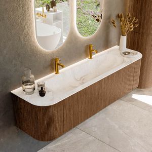 Mondiaz kurve-dlux 170 cm onderkast greeploos 1 lade met deuren walnut, wastafel solid surface midden frappe 2 kraangaten zonder spiegel