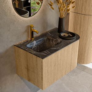 Mondiaz kurve-dlux 75 cm onderkast greeploos 1 lade met deuren oak, wastafel solid surface links lava 1 kraangat zonder spiegel