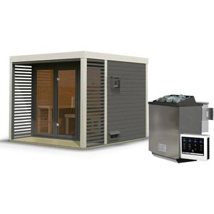 Karibu | Ares 3 Buitensauna | Terragrijs-Wit | Biokachel 9 kW Externe Bediening