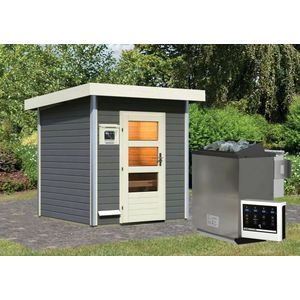 Karibu | Torge Buitensauna Terragrijs | Moderne Deur | Biokachel 9 kW Externe Bediening