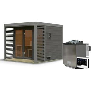 Karibu | Ares 3 Buitensauna | Terragrijs-Grijs | Biokachel 9 kW Externe Bediening