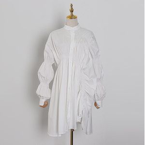 Vgh Asymmetrische Ruches Vrouwen Jurk Stand Kraag Bladerdeeg Mouw Hoge Taille Casual Shirt Jurken Vrouwelijke Herfst Mode Tij