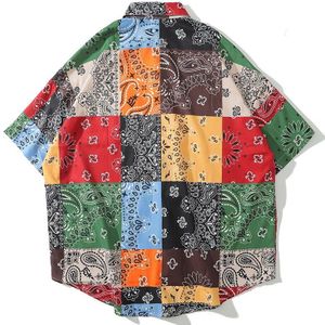 Lenstid Heren Hip Hop Cashew Print Kleur Blok Hawaiian Shirt Harajuku Streetwear Strand Overhemd Zomer Korte Mouwen Oversize Shirts