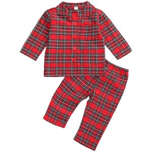 Focusnorm Xmas Baby Meisjes Jongens Pyjama Sets Plaid Print Lange Mouwen Enkele Breasted Turn Down Tops Broek