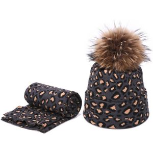 2 Stuks Winter Vrouwen Pompon Beanie Muts Sjaal Set Luipaard Warm Faux Fur Pom Pom