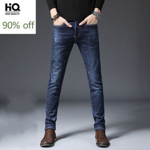 High Street Mannen Straight Leg Jeans Casual Slim Fit Business Denim Broek Winter Thicken Stretch Rits Jeans Blauw/ zwart