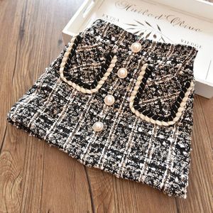 Meisjes Plaid Rok Lente 2022 Kinderen Wollen Korte Rokken Zwart Elastische Taille Kids Prinses Rok Mode Peuter Kleding 6 8 Y