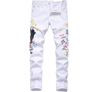 Mannen Engel Geborduurde Letters Gedrukt Witte Jeans Slim Fit Stretch Denim Potlood Broek