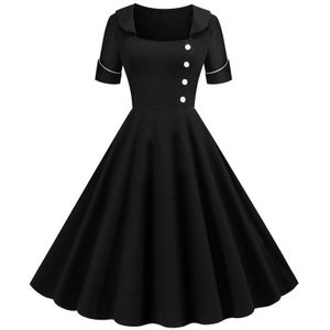 Tonval Vierkante Hals Button Retro 1950S Elegante Katoenen Zwarte Midi Vrouwen Jurk Herfst Vintage Robe Party Flare Swing Jurken