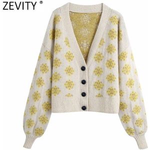 Zevity Vrouwen Elegante Bloemenprint Knoppen Breien Trui Femme Chic Basic V-hals Lantaarn Mouwen Casual Vesten Tops S476